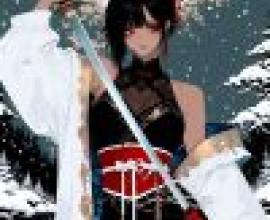 kimono，Woman with sword and red bow.