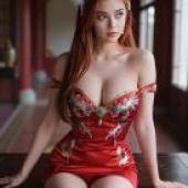 ZIT TRY01，A woman in a red dress sits on a table.