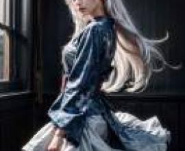 Mobile wallpaper， white hair and dress， realistic， a girl with long white hair and a blue dress.