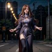 Wiz KonoSuba RavenAeye 一位穿著藍色洋裝的女子站在路邊。