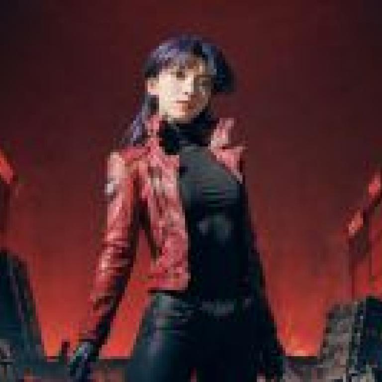 Misato Katsuragi，Neo Gnesis Evangelion，Red leather jacket girl with bat standing in front of red building.