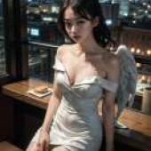 Angelic Phantoms in the City，A woman in an angel costume sits on a counter