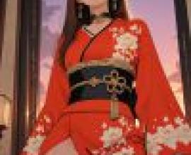 kimono，A model in red and gold.