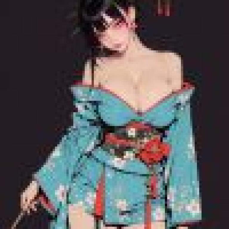 身穿藍色和服、紅髮、頭戴鮮花的女子。