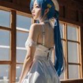 Griseo，Honka，一個有著藍色頭髮和白色連身裙的女孩。