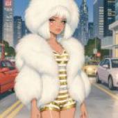 City of Memories，Furry woman wearing gold clothes walking down the street.