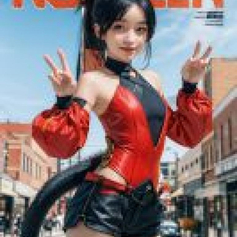 貓宮又奈 Nekomiya Mana，一名身穿紅黑色服裝的女孩在街上擺姿勢。