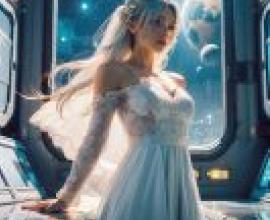 Mobile wallpaper， ghost in space， realistic， a bride in a white dress standing near the edge of space.