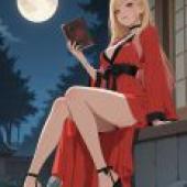 女孩們，一位穿著紅色衣服的女子在公園裡看書。