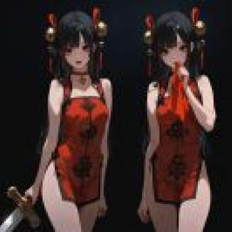 Cheongsam and giant sword Chinese style，Two anime characters in red and black outfits.