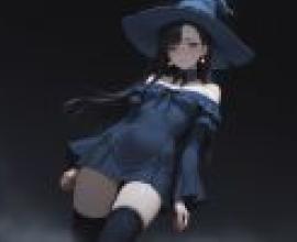 動漫美女，一位戴著女巫帽、身穿藍色洋裝、戴著金色耳環的黑髮女孩。