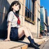 A corner of the city，A girl is sitting on the steps.
