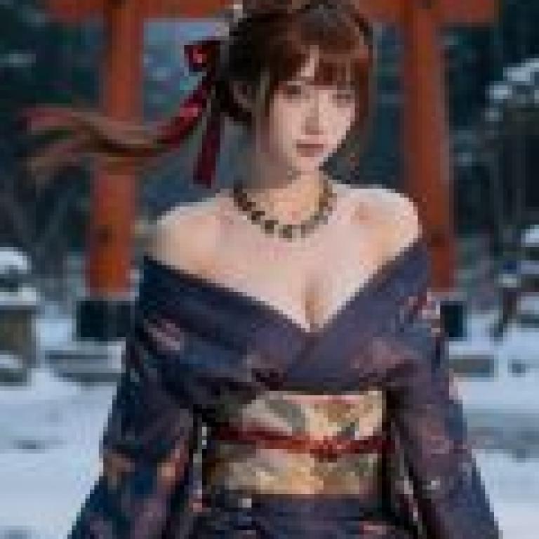 神秘的日本女友，穿著和服、穿著項鍊、頭髮上綁著紅色蝴蝶結的亞洲女性。