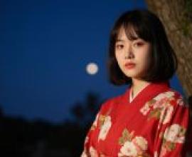 一位身穿紅色和服、上麵點綴著白色花朵的女子正看向她的右邊。