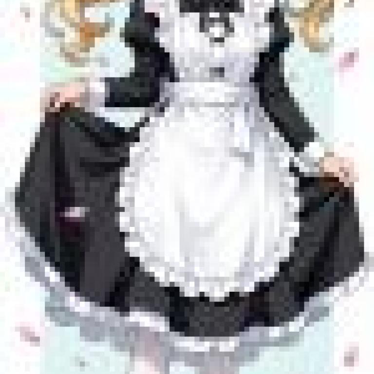 Maid，Girl in black and white dress standing with leg bent.