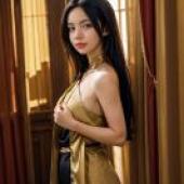 DRLLWoman in gold dress posing for photo.