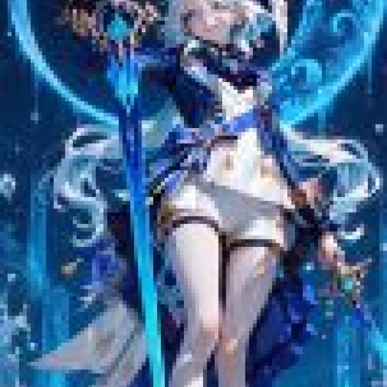 TA，Blue and white illustration of woman holding sword.