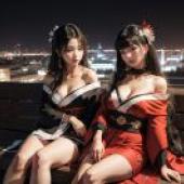 Gold Kimono Night: Gold and kimono beautiful women under the light， free tablecloth， luxurious style
