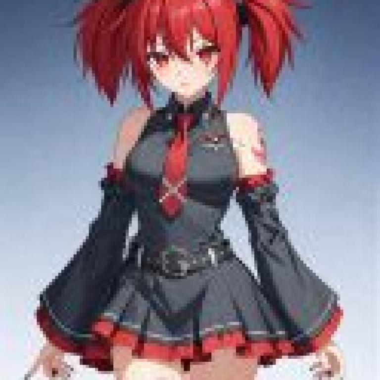 Different colors，Girl with red hair wearing a black and red outfit.