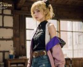 胡桃諾婭（胡桃のあ），身穿粉紅色夾克的黑髮金髮女孩。