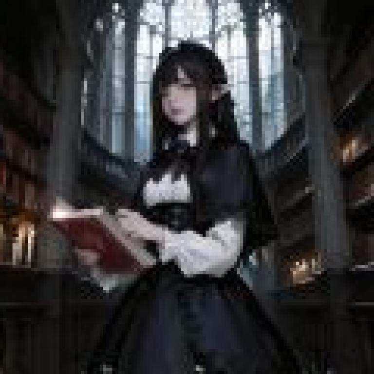 教會的陰影，一個身穿黑裙的女孩手持一本書。