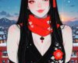 fantasy，A young woman with long black hair wearing red.