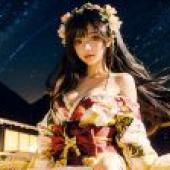 電腦桌布，花朵星空和服美女，真人，花朵星空下的和服美女