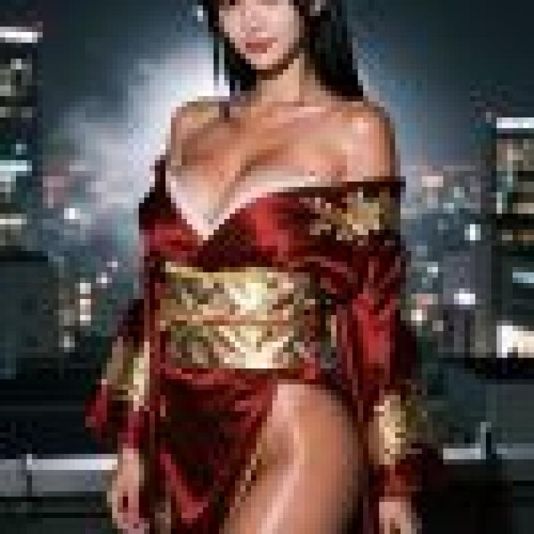 girls，Asian model wearing red dress in front of city.