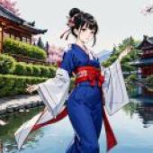 Ancient Kimono，動漫人物站在池塘前。