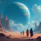 朝聖之旅，一幅描繪三個人在沙漠中行走的藝術畫作。