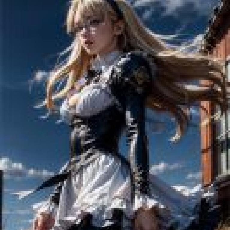 Mobile wallpaper， Satellizer el Bridget， realistic， a woman in a white and blue dress is looking back at the camera.