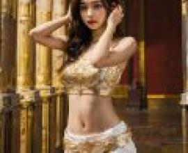 埃及女神，長髮披肩、戴金飾的少女。