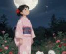 The gentleness of the moonlight，Woman in pink dress next to dog and moon.