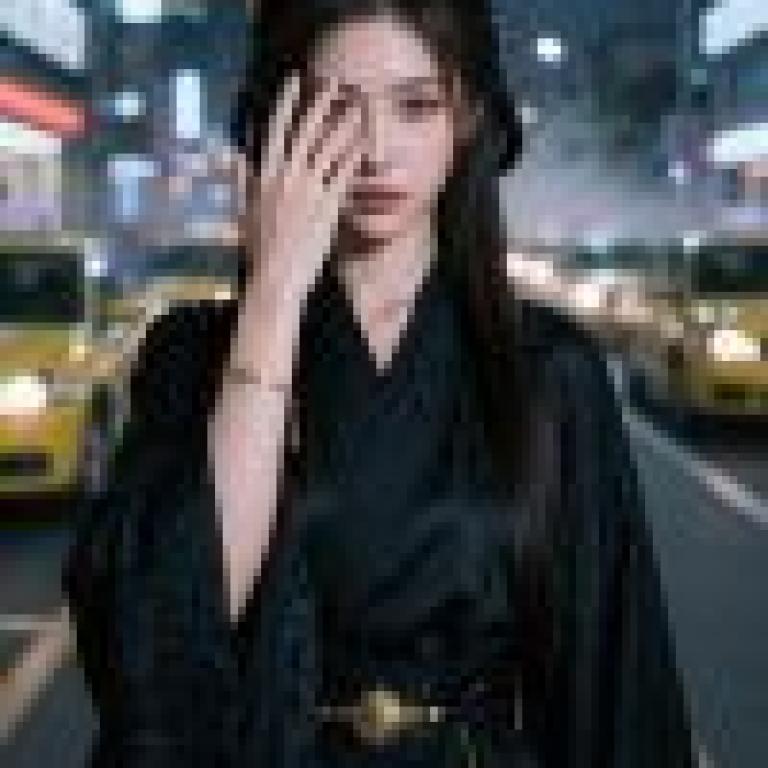 Street beauties，A young woman in black dress in front of taxi cabs.