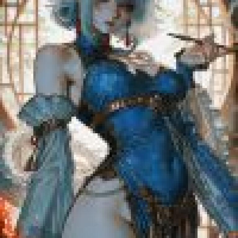 銀龍，藍髮女孩拿著一支筆。