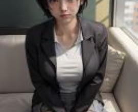 七崎修七崎愛，天神，一位穿著黑色西裝外套和藍色裙子坐著的年輕女士