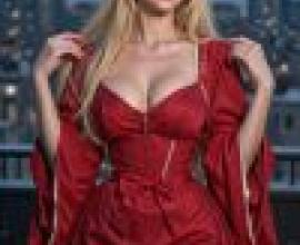 Dance of the Night，A woman in a red dress standing near a city.