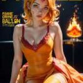 Flame Princess， Adventure Time，A cover of film magazine with a woman wearing an orange dress.