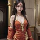 Shi Hao AuntGirl in red dress with gold trim.