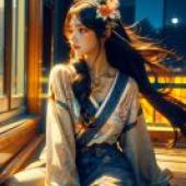 手機桌布，漢服，寫實，一個穿著藍色洋裝的女孩坐在長凳上。
