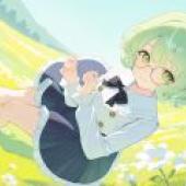 A beautiful dream on the green grass，The cartoon girl is wearing glasses.