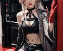 Acheron， Honkai Star Rail，Girl with red gloves and dark outfit sitting in window.