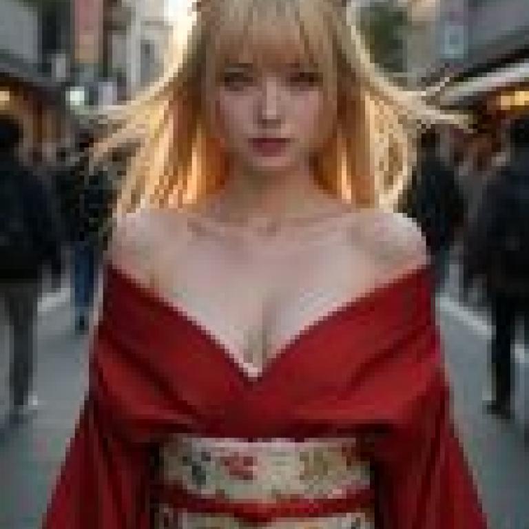 Ancient Fantasy，Japanese woman in red dress looking up.