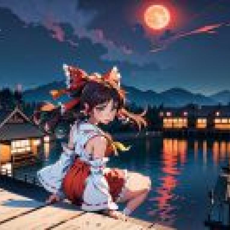 Anime Beauty， Oriental Project， Bolling Dream， Lakeside Night: Oriental Project sitting at night， lake light full moon night sky exhibition， ayako Rokkaku poetic painting， aesthetic spiritual soul.