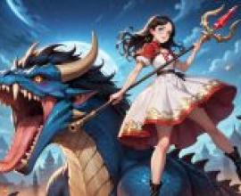 dragon girl，肩扛物品的少女站在龍前。