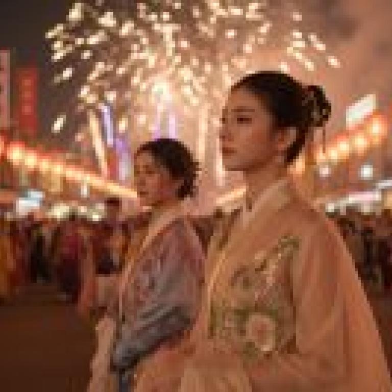 古代中國，身著和服的女子並肩而立。