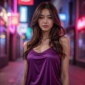 不存在的街道。身穿紫色上衣的女子站在人行道上。