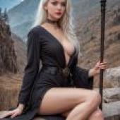 The witch in the mountains，A woman with a red spear poses near cliffs.
