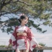 Beauty of kimono: black hair and baby dance full of branches