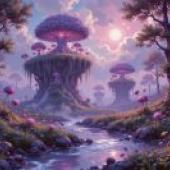 奇幻荒野插畫，島上的紫色蘑菇。